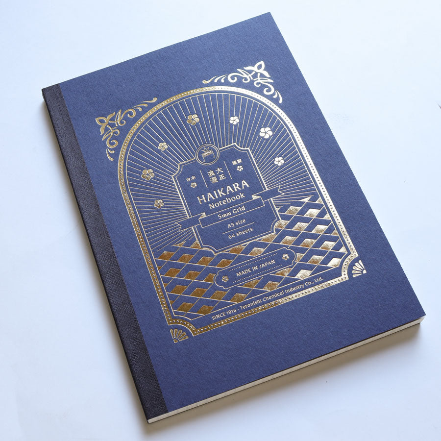 Japanese Teranishi Haikara Dark Blue A5 notebook with premium 95 gsm 5mm grid paper, ideal for note-taking, planning, journaling, technical writing, and fountain pen enthusiasts.