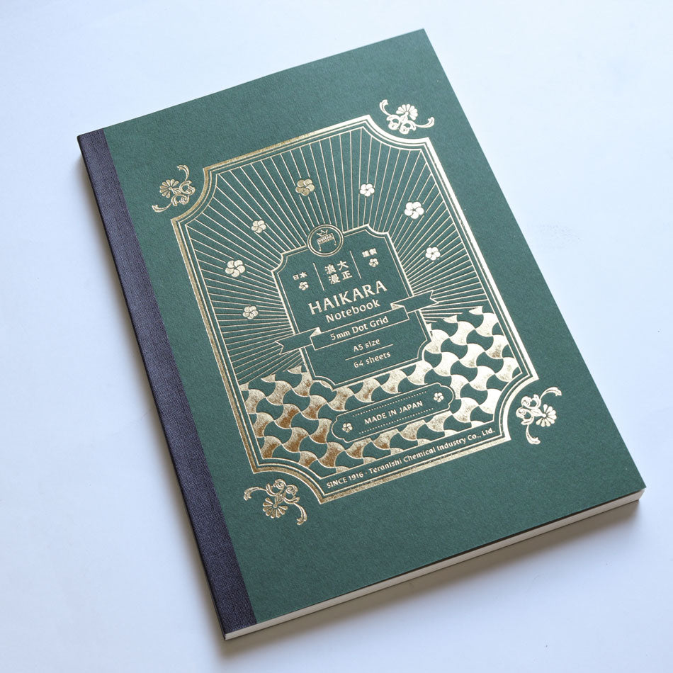 Teranishi Haikara Dark Green A5 notebook with 5mm dot grid paper, made in Japan for fountain pens, ballpoint pens, and everyday writing.