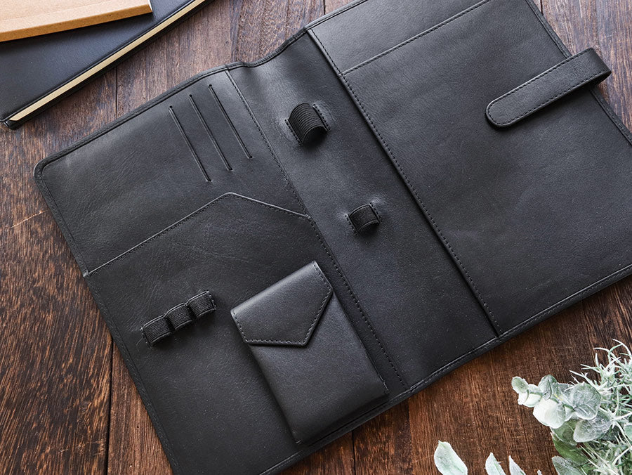 Leather Notebook Cover A5 - Compact - Black Pen Case