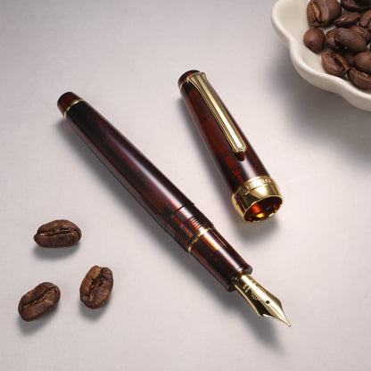 Brown Demonstrator Fountain pen with gold accents on a light surface with coffee beans