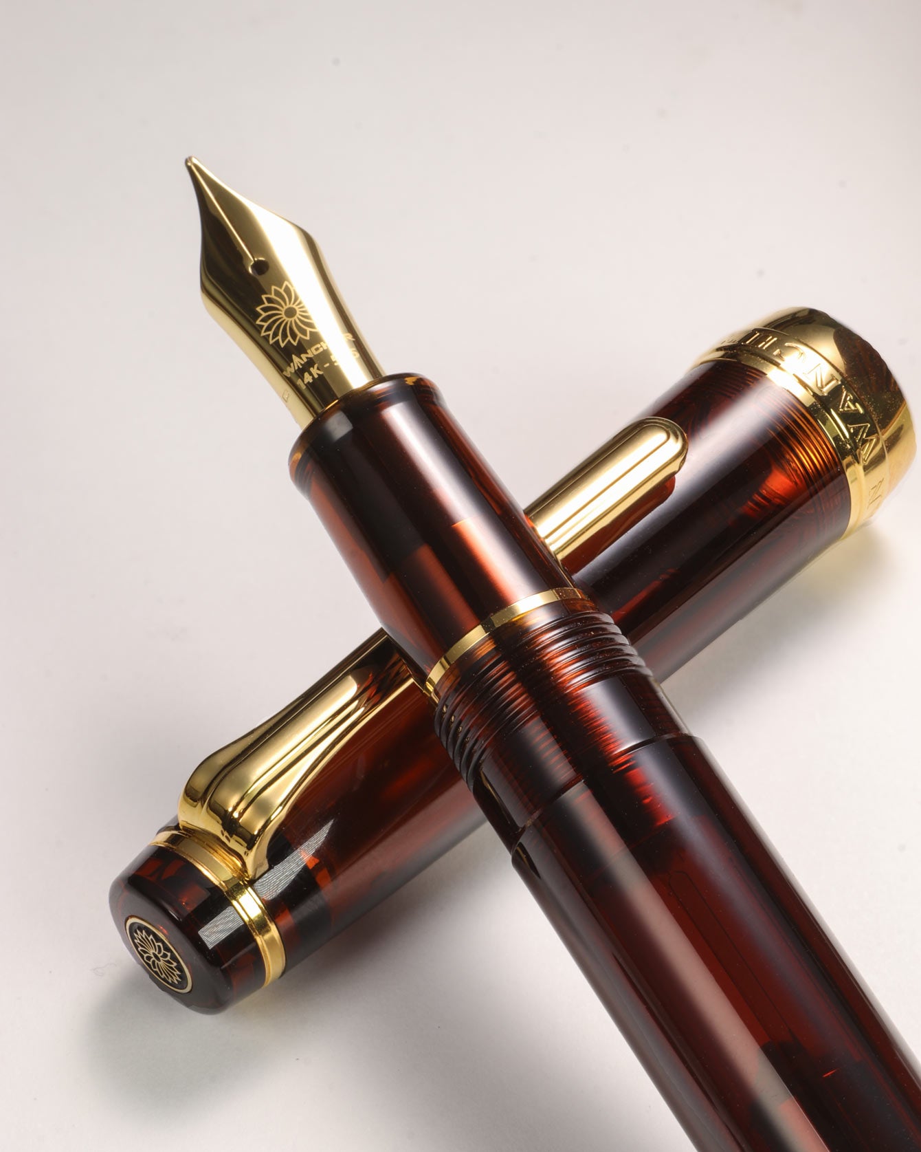 Mocha Brown Fountain pen with 14K gold nib and gold accents on a light background