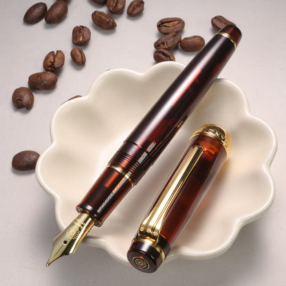 Mocha Brown Fountain pen 14K with gold accents on a white dish with coffee beans