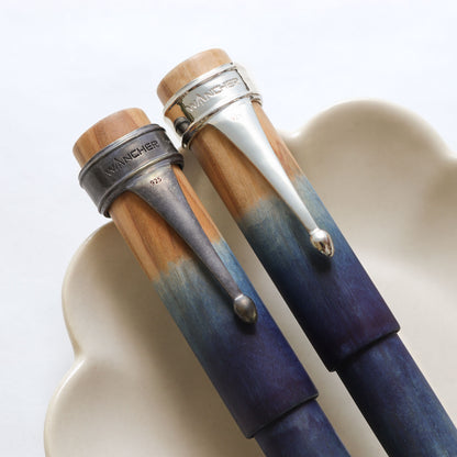 Sekai Ai Nagisa fountain pen from Wancher with Indigo dye using silver and matte pen clip close-up