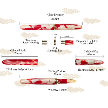 Measurement chart of a Dream Pen Celluloid size specifications with labeled parts and dimensions.