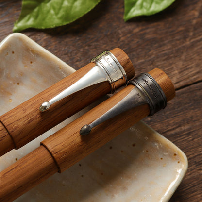 World tree Teak wood fountain pen from Wancher using silver and matte pen clip close-up