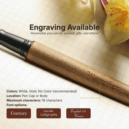A wooden pen with a black cap shown diagonally on a beige grid paper background with a yellow flower prop. Text overlays advertise engraving options and available colors: white, gold, and no color.