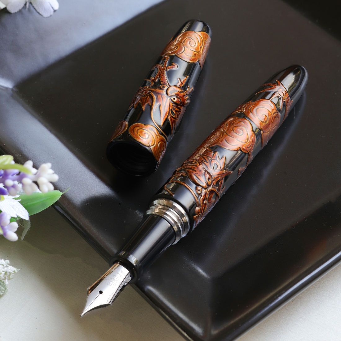 Tsuikin - Twin Dragons - Black Urushi Fountain Pen - Wancher Pen