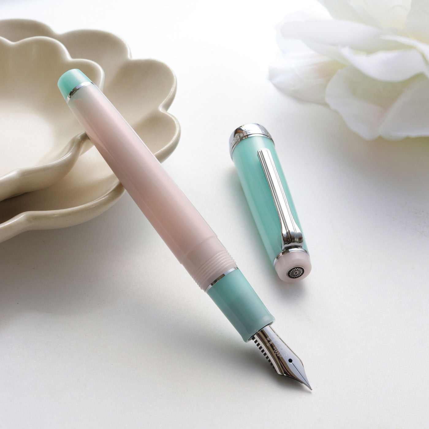 Wataame Fountain pen with light pink and turquoise bodies on a white surface. inspired by cotton candy