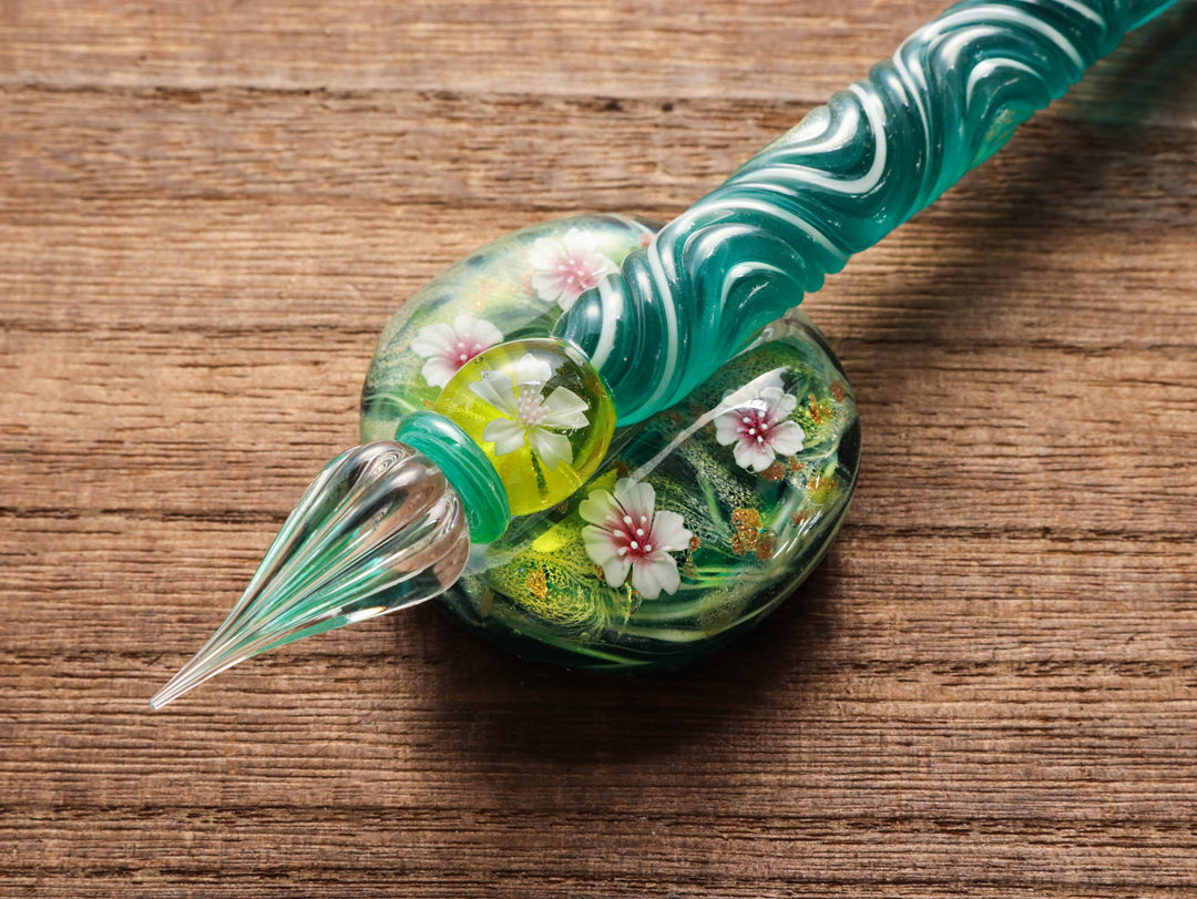 Kunisaki - Glass Dip Pen Set - Green Wood  03 - Wancherpen International